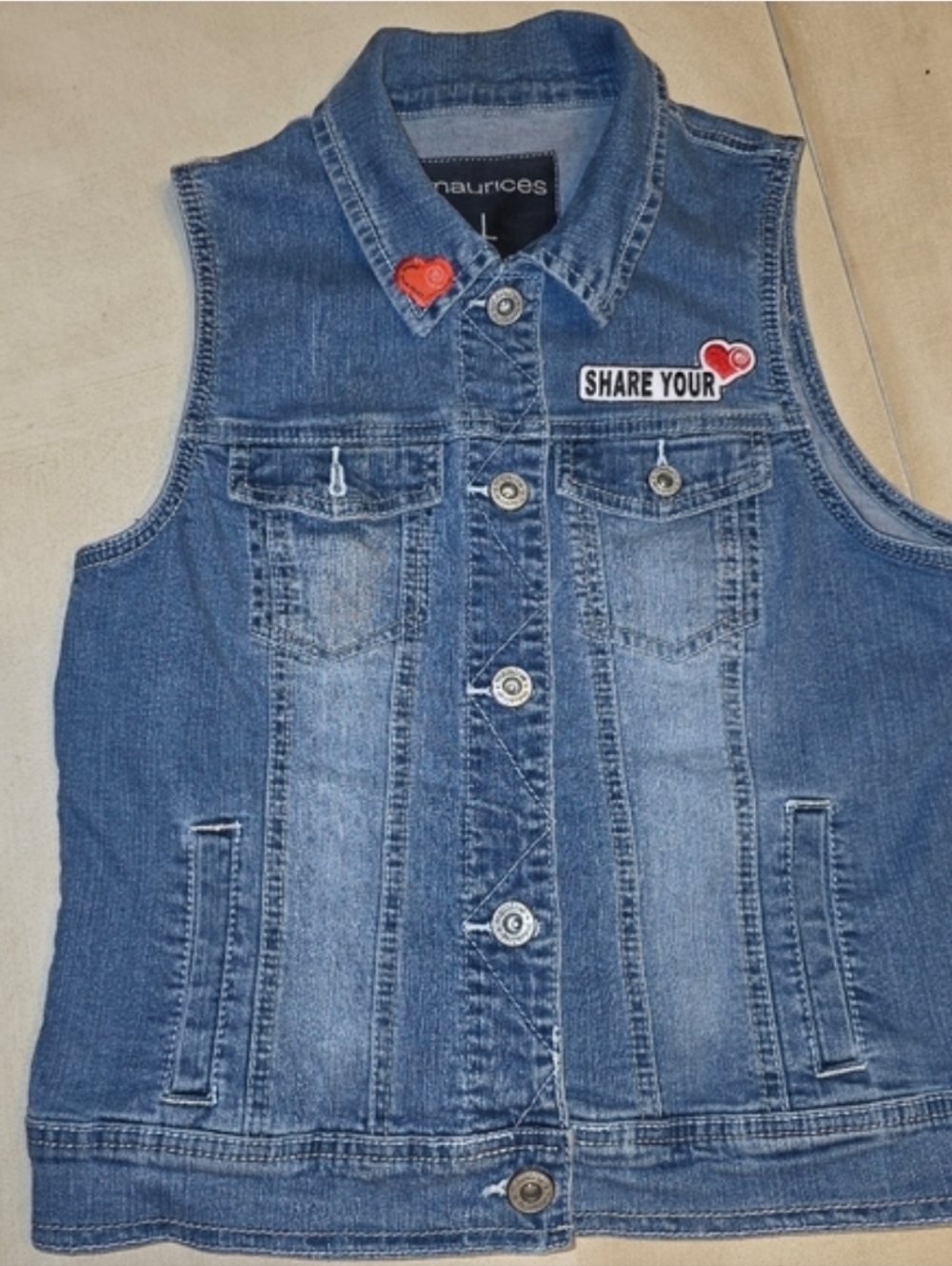 Maurices Heart Patch Denim Vest Jacket Medium Wash Large L